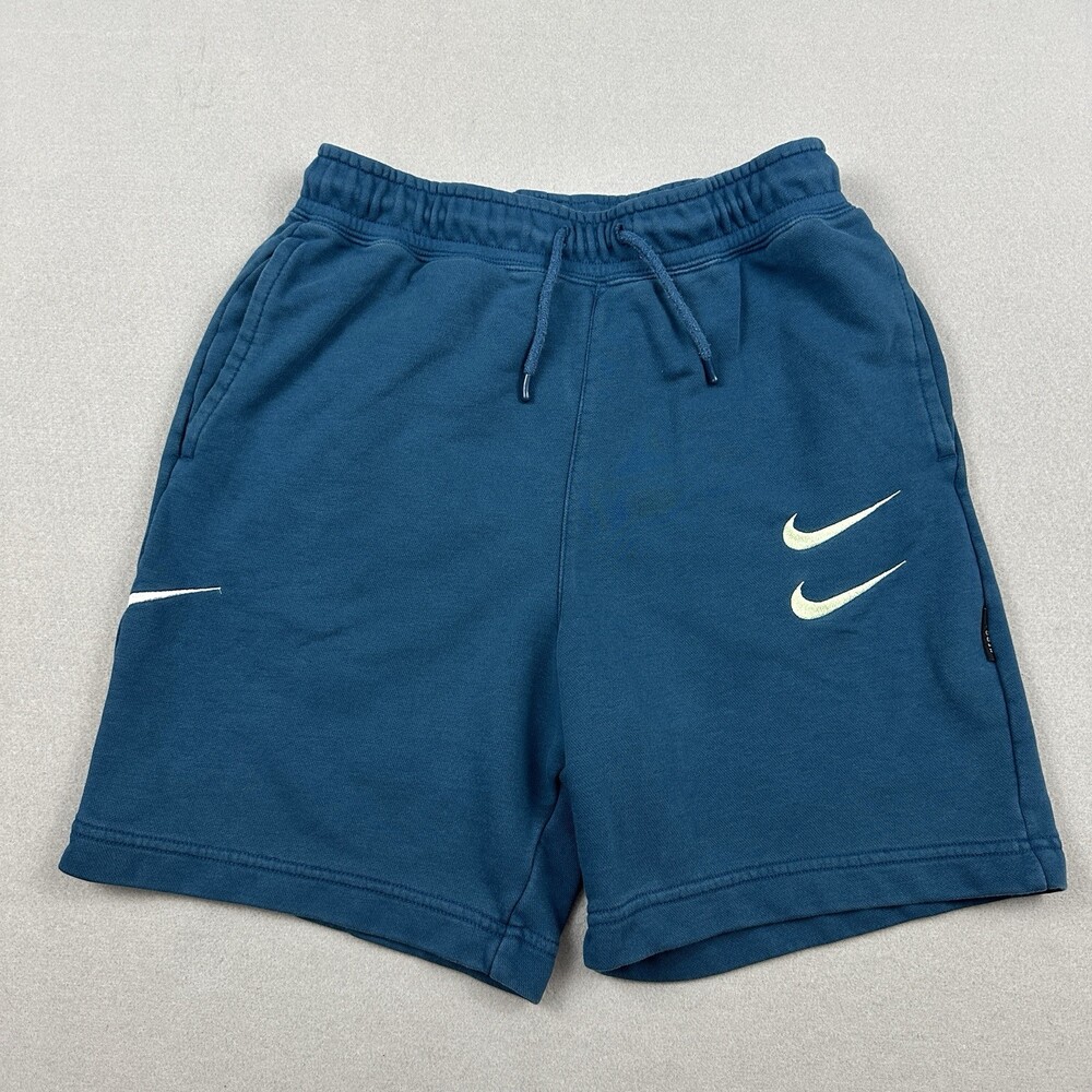 Nike Shorts Men Smal Gray BLue Double Swoosh Logo Sweatshorts Drawstring Pockets